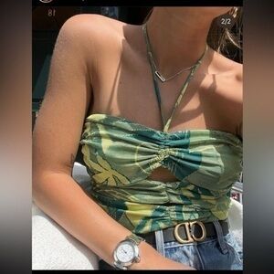 Zara Green Halter Neck Crop Top with Cutouts Size Small